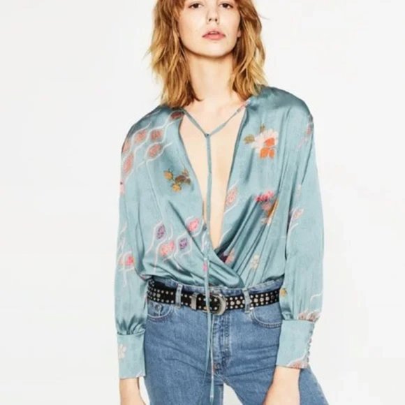 Zara Tops - #134 Zara accessories long sleeved teal floral Faux Silk bodysuit Small